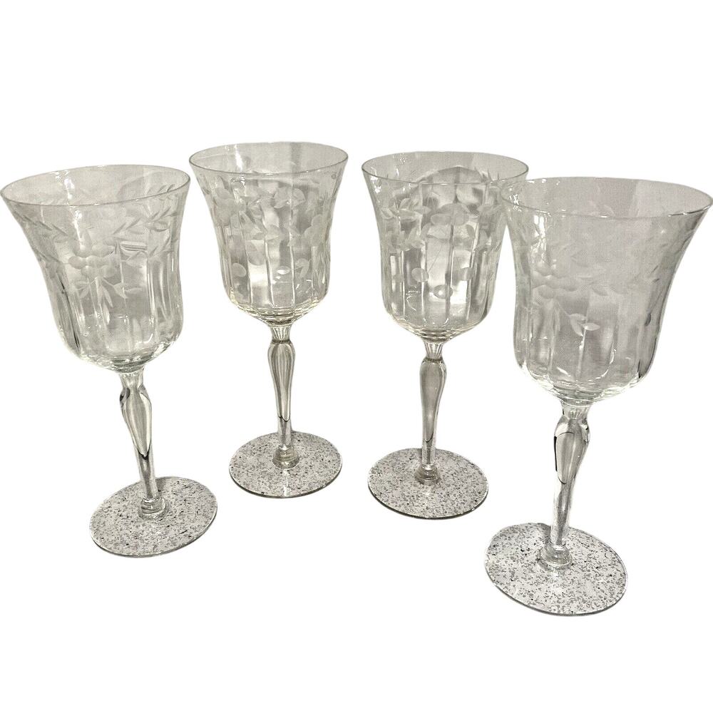 Vintage Mid Century Etched Clear Crystal Wine Glasses Water Goblets Set of 4